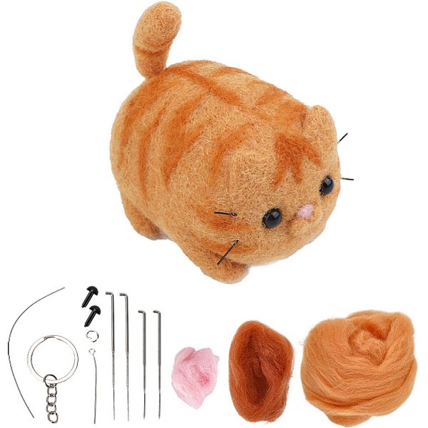 2 Sets Cat Needle Felting Kit, including Instructions, Foam, Needles, Wool, Keychain, Eye Pins, Jump Ring, Chalk, Cabochon, Mixed Color, 115x85x28mm, Wool: 3 Colors, 2 Pcs/color