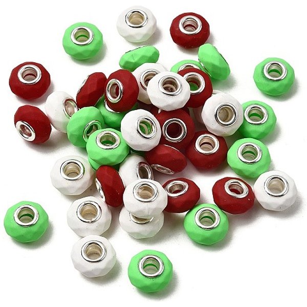 Perles EuropéEnnes En RéSine à Facettes Peintes Au Pistolet, Perles Avec Un Grand Trou , Rondelle Avec Noyaux En Laiton Plaqué Argent, Rouge, 15X8.5Mm, Trou: 5Mm-image