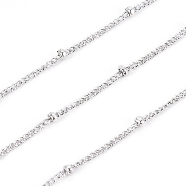 Tarnish Resistant 304 Stainless Steel Curb Chains, Satellite Chains, With Beads And Spool, Soldered, Stainless Steel Color, 1.5X1X0.3Mm, About 32.8 Feet(10M)/Roll-image