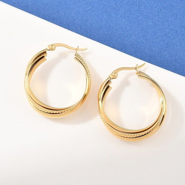 304 Stainless Steel Triple Twist Ring Stud Earrings, Manual Polishing, Ion Plating(IP), Real 18K Gold Plated, 31x27x9mm