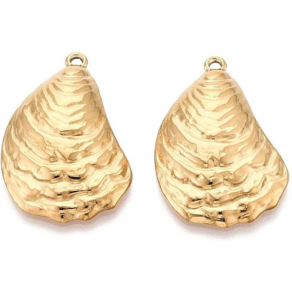 304 Stainless Steel Pendants, Shell Shape Charm, Ion Plating(IP), Real 18K Gold Plated, 32.5x22.5x5mm, Hole: 1.8mm