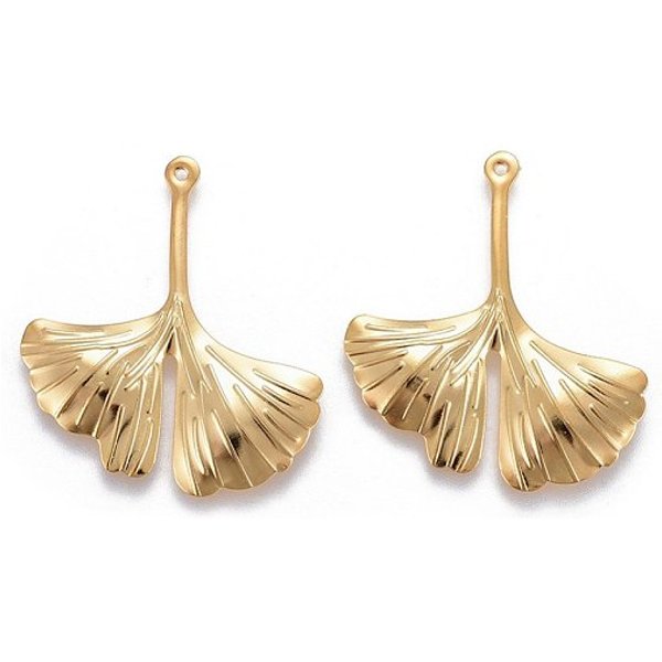 201 EdelstahlanhäNger, Ginkgo-Blatt, Echtes 24K Vergoldet, 29X25.5X1.9 Mm, Bohrung: 0.8 Mm-image