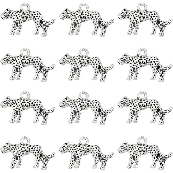 60Pcs Tibetan Style Alloy Pendants, Leopard Charms, Antique Silver, 14X24X4Mm, Hole: 2Mm-image