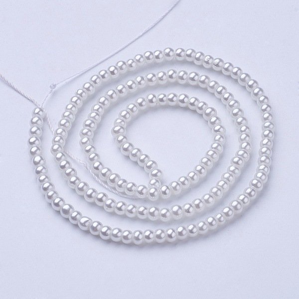Glass Pearl Beads Strands, Pearlized, Round, White, 3-4mm, Hole: 1mm, about 190-200200pcs/strand, 25.59 inch(65cm)