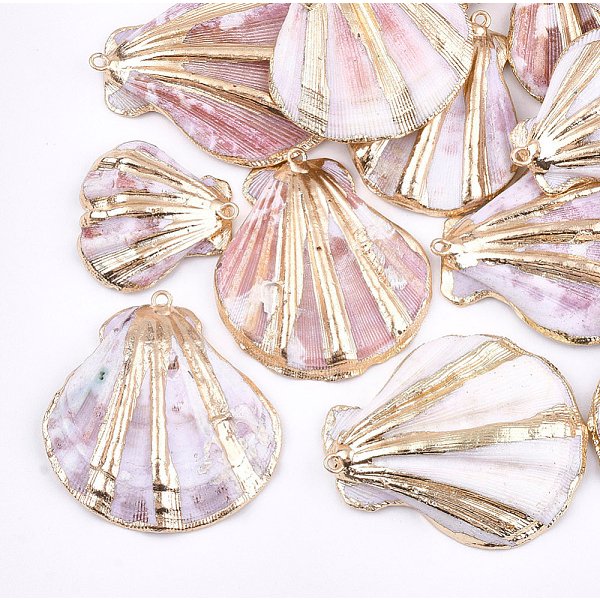 Electroplate Sea Shell Pendants, with Iron Findings, Light Gold, Seashell Color, 33-47x27-43x10-14mm, Hole: 2mm