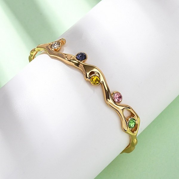 304 Stainless Steel Rhinestone Cuff Bangles for Women, Ion Plating(IP), Real 18K Gold Plated, Inner Diameter: 2-1/4x1-3/4 inch(5.75x4.6cm)