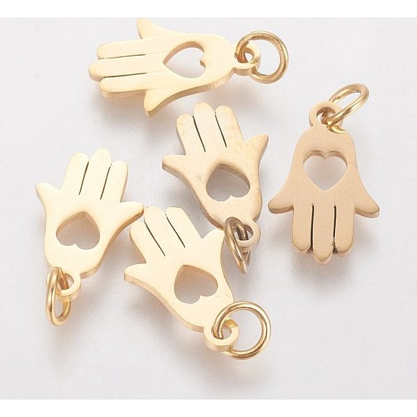 Colgantes De Acero Inoxidable 304, Hamsa Mano / Mano De Fatima / Mano De Miriam Con CorazóN, Dorado, 15X9.5X1Mm, Agujero: 4 Mm-image