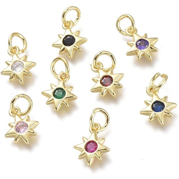 Brass Micro Pave Cubic Zirconia Pendants, with Jump Rings, Star, Real 18K Gold Plated, Mixed Color, 10x8x2mm, Hole: 3.5mm