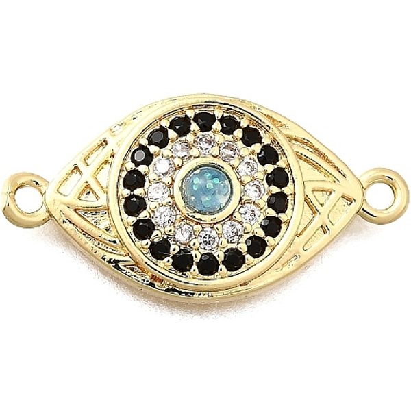 Brass Micro Pave Clear and Black Cubic Zirconia Connector Charms, Eye Links, Real 18K Gold Plated, 11x22x4mm, Hole: 1.2mm