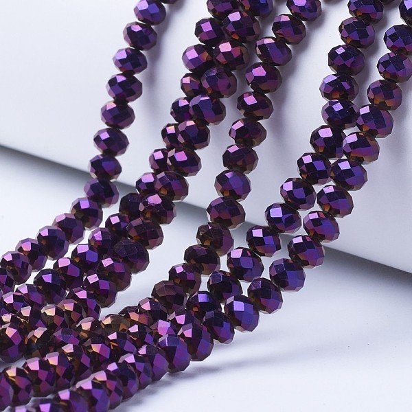 Electroplate Transparent Glass Beads Strands, Full Plated, Faceted, Rondelle, Purple Plated, 4X3Mm, Hole: 0.4Mm, About 110-115Pcs/Strand, 39-40Cm-image