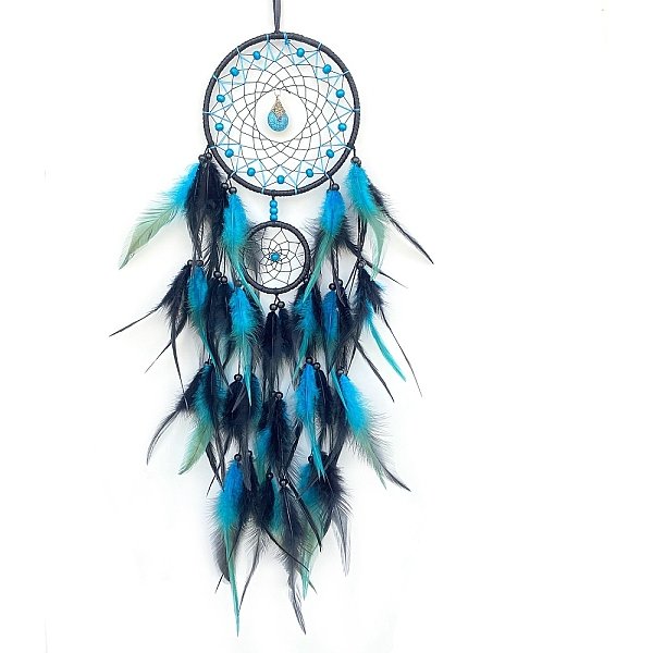 DéCoration Pendentif En Fer, Filet/Toile à Double Tissage Avec Plumes Pour DéCorations Suspendues à La Maison, Bleu Profond Du Ciel, 700Mm-image