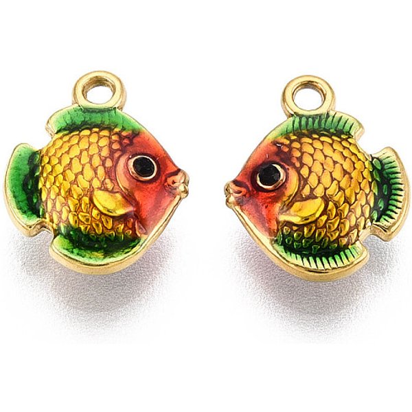 Ion Plating(Ip) 304 Stainless Steel Enamel Charms, Fish, With Rhinestone, Lead Free & Cadmium Free, Real 18K Gold Plated, Colorful, 12.5X10X4Mm, Hole: 1.4Mm-image