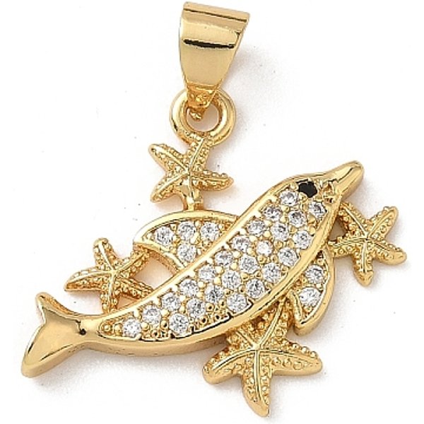 Brass Micro Pave Cubic Zirconia Pendants, Real 18K Gold Plated, Whale, 18.5X22X3.3Mm, Hole: 3.5X4.4Mm-image