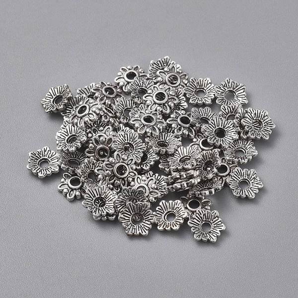 Tibetischen Stil Kappen, Bleifrei, Blume, Antik Silber Farbe, 7X7X2 Mm, Bohrung: 1.5 Mm-image
