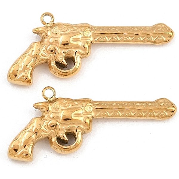 304 Stainless Steel Pendants, Gun Shape, Lead Free & Cadmium Free, Ion Plating(IP), Real 18K Gold Plated, 12x29.5x4mm, Hole: 1.5mm