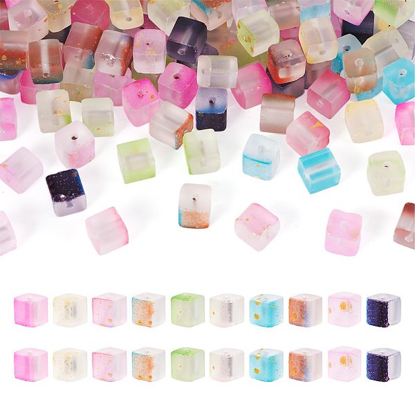 100 Pz 10 Colori Perline Di Vetro Smerigliato Con Polvere Glitterata Dorata, Two Tone, Cubo, Colore Misto, 8X8X8Mm, Foro: 1.5 Mm, 10 Pz / Colore-image
