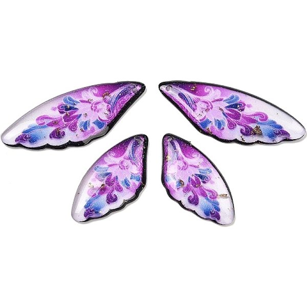 4Pcs 4 Arten Transparente Epoxidharz-AnhäNger, FlüGel Mit Blumenmuster, Mit Pailletten Und Goldfolie, Lila, 29-39X14 - X 2.5 Mm, Bohrung: 1 Mm-image