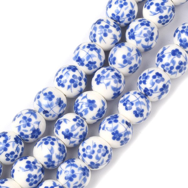Cuentas De CeráMica De La Porcelana De La Flor Hecha A Mano Impresa Hebras, Redondo, Azul, 8Mm, Agujero: 2 Mm, Aproximamente 42 Pcs / Cadena, 13 Pulgada-image