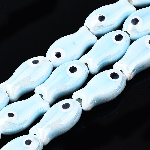 Handmade Porcelain Ceramic Beads Strands, Bright Glazed Porcelain, Fish, Light Cyan, 19X10X8Mm, Hole: 1.5Mm, About 17Pcs/Strand, 12.40 Inch(31.5Cm)-image
