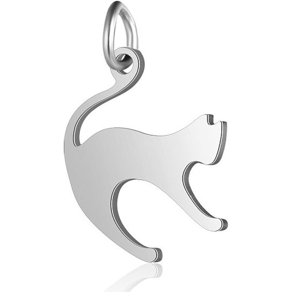 Non-Tarnish 201 Stainless Steel Kitten Pendants, Cat With Arched Back Shape, Stainless Steel Color, 17.5X14.5X1Mm, Hole: 3Mm-image
