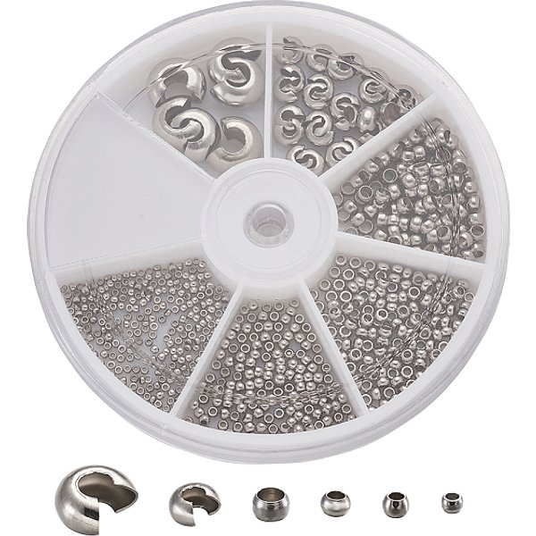 304 Stainless Steel Crimp Beads, With Crimp Beads Covers, Stainless Steel Color, Beads: 1.5Mm/2Mm/2.5Mm/3Mm, Cover: 6X5X3Mm And 10.5X9X6Mm-image