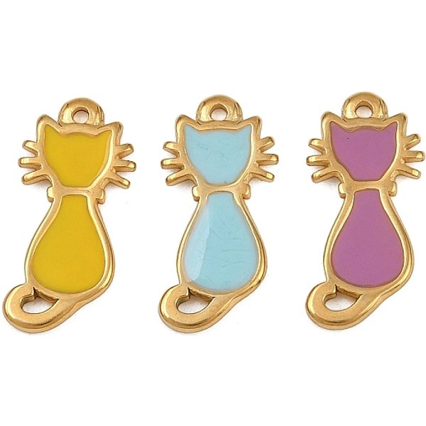304 Stainless Steel Enamel Pendants, Golden, Mixed Color, Cat Shape, 18X8.5X1.7Mm, Hole: 1Mm-image