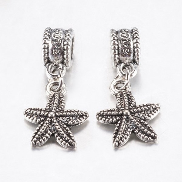 Ciondoli Pendenti Europei In Lega Di Stile Tibetano, Ciondoli Di Grandi Dimensioni, Stelle Marine / Stelle Marine, Argento Antico, 27Mm, Ciondoli:15X12.5X2Mm, Foro: 4.5 Mm-image