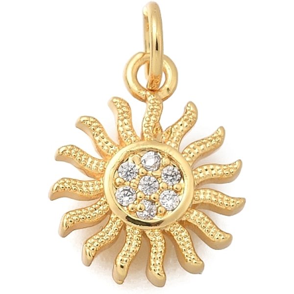 Brass Micro Pave Cubic Zirconia Pendants, Sun Charms, Cadmium Free & Lead Free, Rack Plating, Long-Lasting Plated, With Jump Ring, Real 18K Gold Plated, 14X11.5X2Mm, Hole: 3.2Mm-image