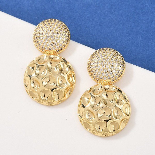 Brass Micro Pave Clear Cubic Zirconia Dangle Stud Earrings, Long-Lasting Plated, Rack Plating, Real 18K Gold Plated, Flat Round, 32X18.5Mm-image