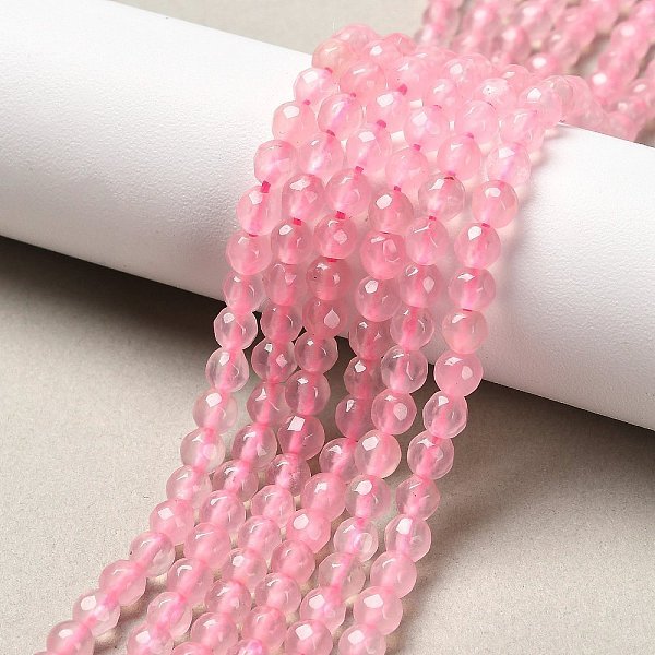 Dyed Natural White Jade Round Beads Strands, Faceted, Pink, 4Mm, Hole: 1Mm, About 89-90Pcs/Strand, 14.5 Inch-image