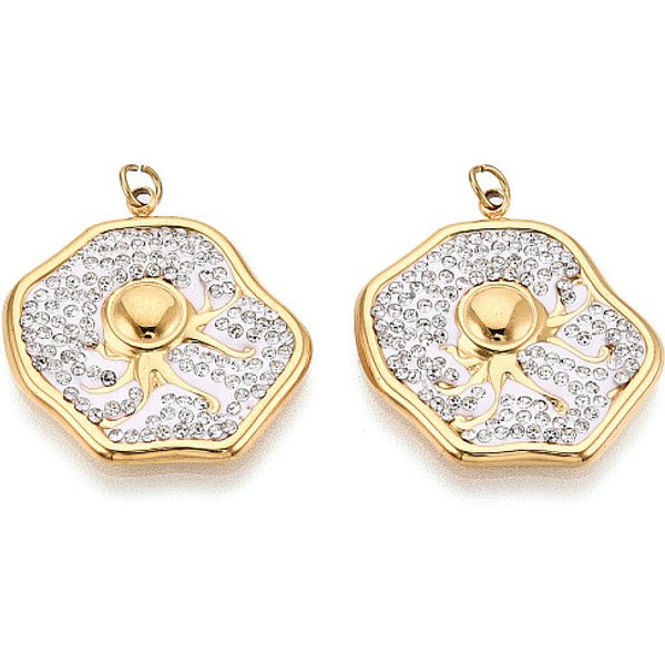304 Stainless Steel And Polymer Clay Crystal Rhinestone Pendants, With Jump Ring, Ion Plating(Ip), Real 18K Gold Plated, Octopus, 23.5X23.5X2.5Mm, Hole: 2.8Mm-image