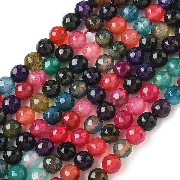 Natural Agate Beads Strands, Dyed & Heated, Round, Faceted, Colorful, 6Mm, Hole: 1Mm, About 62Pcs/Strand, 14.37-14.76 Inch(36.5-37.5Cm)-image