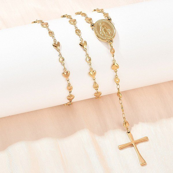 201 Stainless Steel Rosary Bead Necklaces, Virgin Cross Pendant Heart Link Chain Necklaces With 304 Stainless Steel Clasp, Ion Plating(Ip), Golden, 25.59 Inch(65Cm)-image