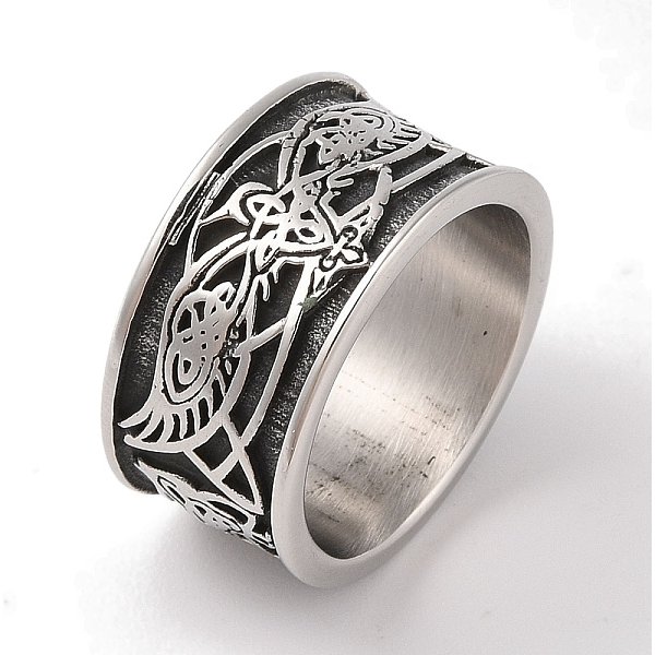 Wikinger Odins Rabe Nordischer Wolf Fingerringe, Breite Bandringe Aus 304 Edelstahl FüR Herren Und Damen, Antik Silber Farbe, Uns GrößE 9 (18.9Mm)-image