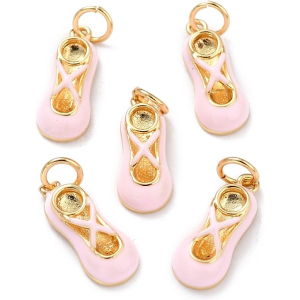 Colgantes reales de latón chapado en oro de 18k, con esmalte y aros de salto, Plateado de larga duración, zapatilla de ballet, rosa, 16x6.5x4mm, anillo de salto: 5x1 mm, 3 mm de diámetro interior