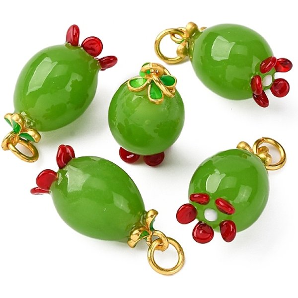 Pendente Murano Fatto A Mano , Con Componenti In Ottone Color Oro Opaco, Frutta, Con Anello Di Salto, Verde, 21.5-22.5X12Mm, Foro: 4 Mm-image