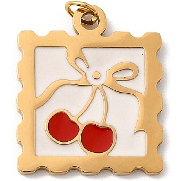 304 Stainless Steel Enamel Pendants, Square Charms, With Jump Ring, Ion Plating(Ip), Real 18K Gold Plated, Cherry, 19.5X16.5X1.5Mm, Hole: 2.5Mm-image