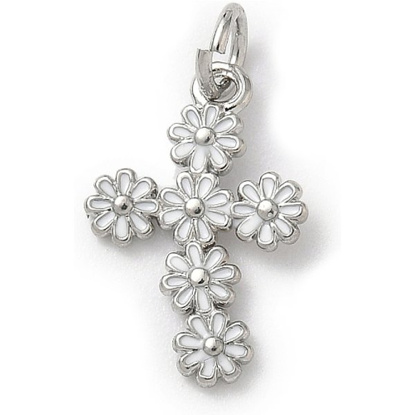 Brass Enamel Pendants, Cross Charms, With Jump Ring, Rack Plating, Long-Lasting Plated, Lead Free & Cadmium Free, Platinum, White, 17.5X11.5X1.5Mm, Hole: 3Mm-image