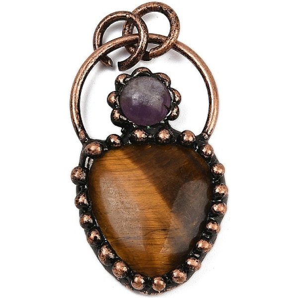 Natural Tiger Eye & Natural Amethyst Pendants, Teardrop Charms, With Brass Settings, Red Copper, 40.5-42X23-23.5X6-6.5Mm, Hole: 6Mm-image