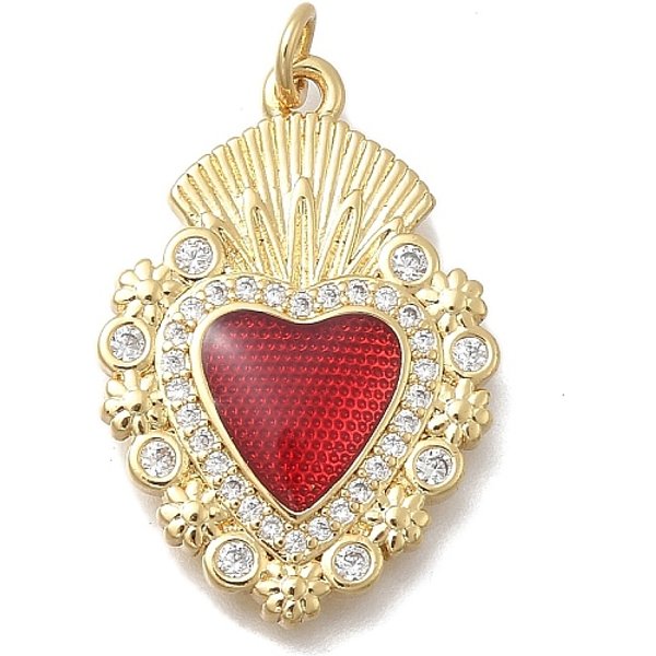 Pendentifs Avec Zircon Cubiques à Micro-PavéS En Laiton, Sacre Coeur, Avec éMail Et Anneau De Jonction, Sans Cadmium Et Sans Plomb, Plaqué Longue DuréE, CréMaillèRe Plaquage, VéRitable 18K Plaqué Or, 28.5X19.5X4Mm, Trou: 3.5Mm-image