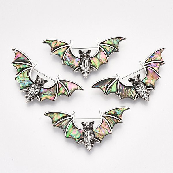Abalone Shell/Paua Shell Brooches/Pendants, with Alloy Findings and Resin Bottom, Rhinestone, Bat, Antique Silver, Colorful, 33x65.5x12mm, Hole: 5x3.5mm, Pin: 0.7mm