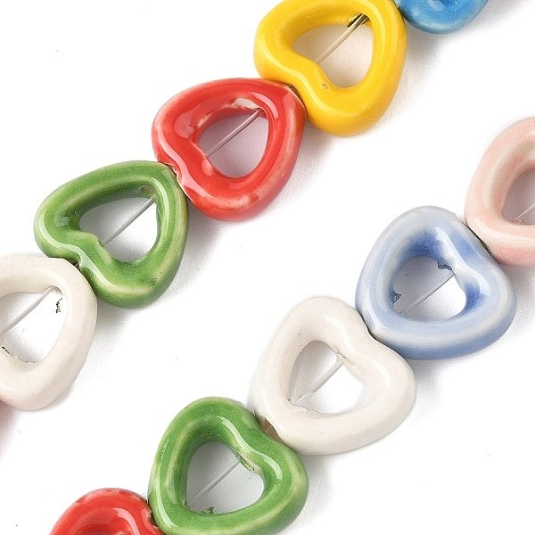 Chapelets De Perles En Porcelaine Manuelle, CœUr, Porcelaine éMailléE Lumineux, ColoréEs, 13X14.5X5Mm, Trou: 1.4Mm, Environ 25 Pcs/Chapelet, 12.60'' (32 Cm)-image