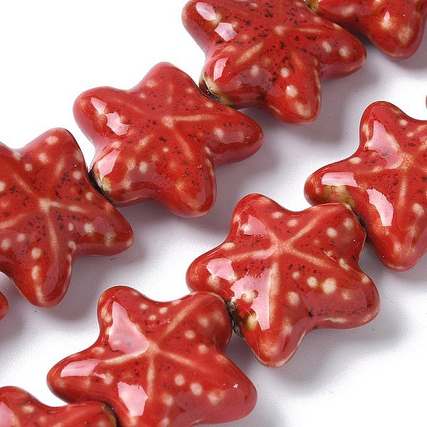 Cuentas De Porcelana Hechas A Mano De La Serie Ocean, Cuentas De CeráMica De Estrella De Mar, Rojo, 19-20X20.5-21X8.5-9Mm, Agujero: 2 Mm, Aproximamente 20 Pcs / Cadena, 14.37'' (36.5 Cm)-image