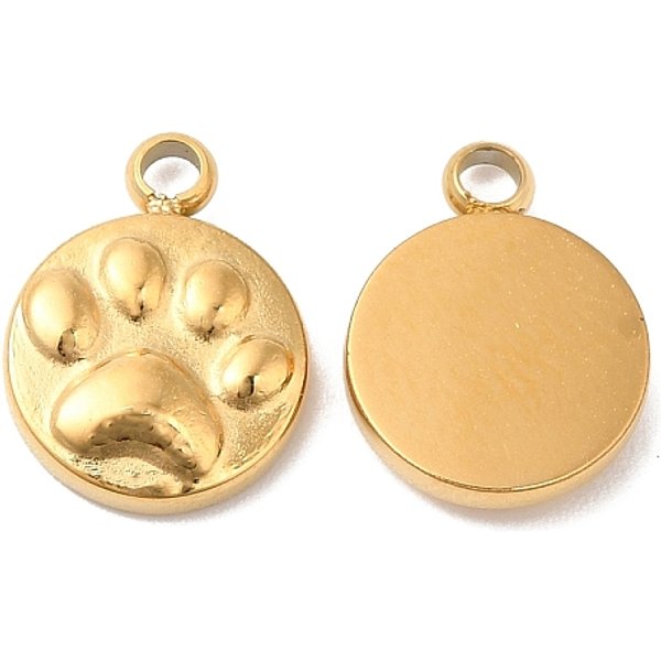 Ion Plating(Ip) 304 Stainless Steel Charms, Flat Round With Paw Print Charm, Real 14K Gold Plated, 10.5X8X2Mm, Hole: 1.5Mm-image