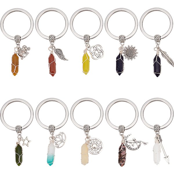 SchlüSselanhäNger Mit EdelsteinanhäNger Und Doppelter Endspitze Und LegierungsanhäNger Im Tibetischen Stil, Mit SchlüSselanhäNgerverschluss Aus Edelstahl 304, 6.5-6.8 Cm, 10 Stil, 1Pc / Style, 10 StüCk / Set-image