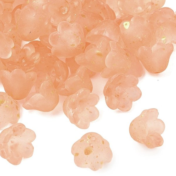 Frosted Glass Bead Cap, 6-Petal Flower, with Gold Powder, Coral, 11x12x8mm, Hole: 1.4mm, about 1333pcs/1000g