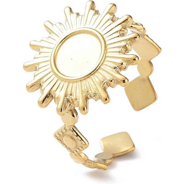 Composants De Bague De Manchette Ouverte En Acier Inoxydable 304, Supports De Bague De Lunette Pour L'éMail, Soleil Avec Plateau Rond, VéRitable 14K Plaqué Or, DiamèTre IntéRieur: 17.8 Mm, Plateau: 6 Mm-image