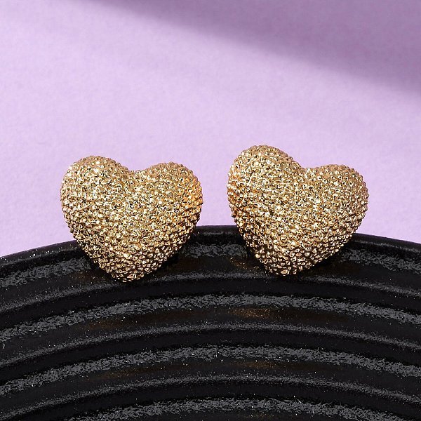 Brass Textured Stud Earrings, Nickel Free, Real 18K Gold Plated, Heart, 12X13.5Mm-image