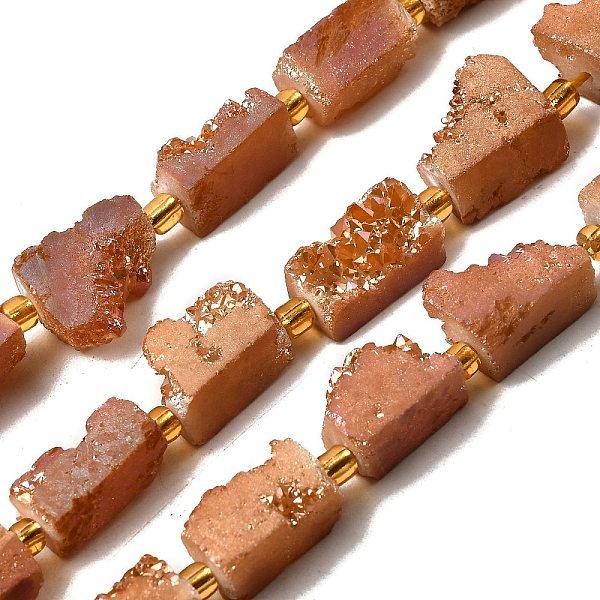 Electroplated Natural Druzy Agate Beads Strands, Rectangle, With Seed Beads, Chocolate, 15-16.5X7.5-9.5X7.5-12Mm, Hole: 1Mm, About 10Pcs/Strand, 7.36''-7.48''(18.7-19Cm)-image