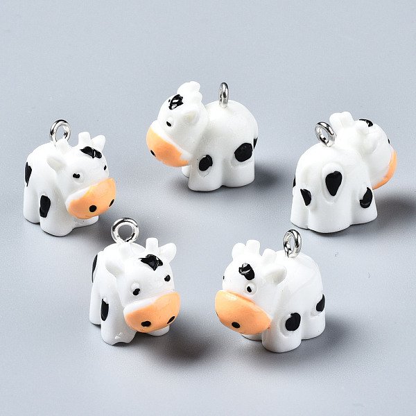 Opaque Resin Pendants, With Platinum Tone Iron Loop, 3D Calf, White, 15-16X17-18X10.5Mm, Hole: 1.8Mm-image